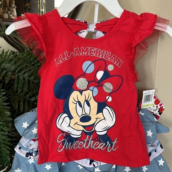 Brand New Disney All-American Minnie Mouse 2-Piece Set Shirt Blue Ruffle Skirt - Picture 2 of 13